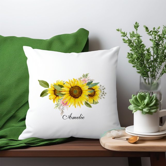 Coussin Tournesol Aquarelle Floral Rose  (Créateur téléchargé)