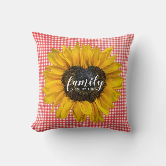 Coussin Tournesol au coeur de la famille sur En vichy (Recto)