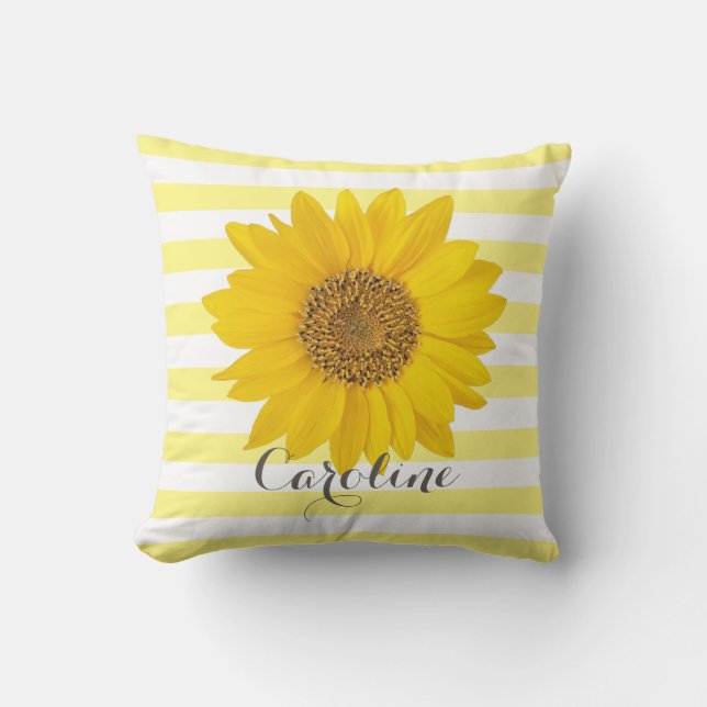Coussin Tournesol avec nom personnalisé Jaune rayé (Recto)