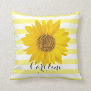 Coussin Tournesol avec nom personnalisé Jaune rayé