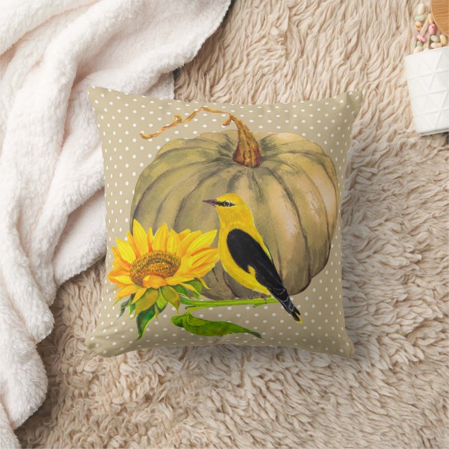 Coussin Tournesol Citrouille d'automne et Finch (Couverture)
