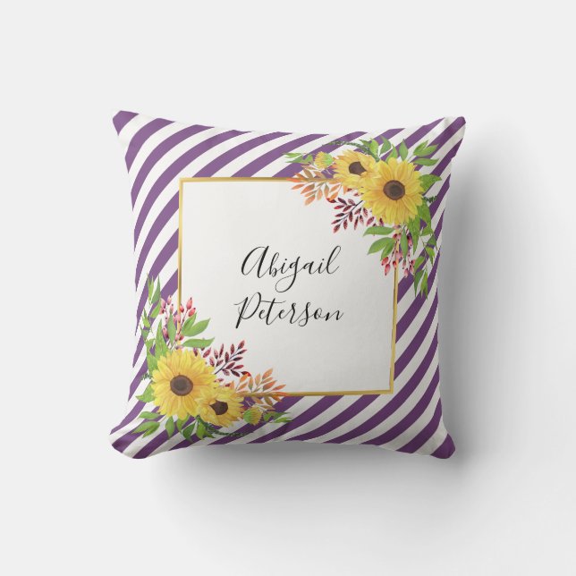 Coussin Tournesol couleur eau et motif rayé violet (Recto)