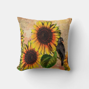 Coussin Tournesol d'automne et corneille Noir Oiseau Jaill