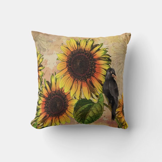 Coussin Tournesol d'automne et corneille Noir Oiseau Jaill (Recto)