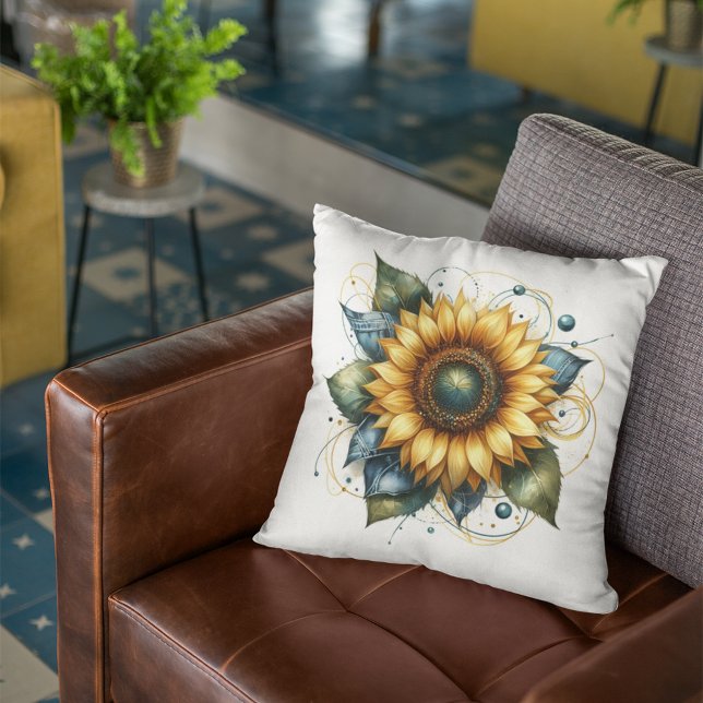 Coussin Tournesol de campagne et Dénim rustique bleu Jean (Créateur téléchargé)