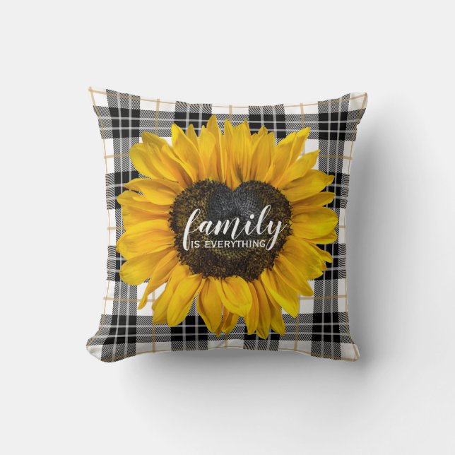 Coussin Tournesol de coeur de famille sur Tartan Plaid (Recto)