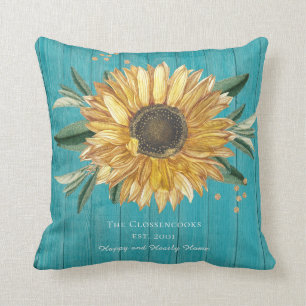 Coussin Tournesol doré Turquoise Bleu Bois d'écorce