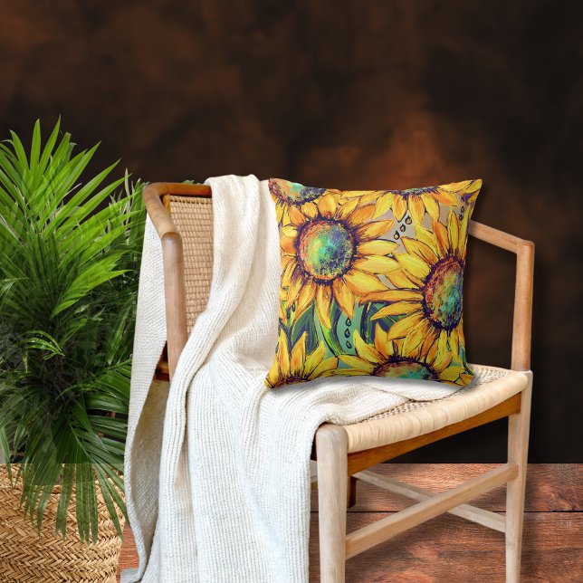Coussin Tournesol jaune bleu (Sunflower Yellow Blue Throw Pillow)