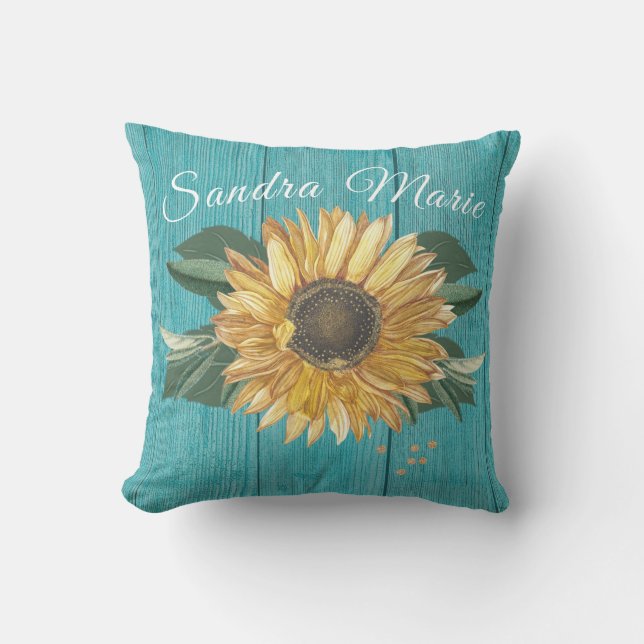 Coussin Tournesol jaune doré rustique Bois Turquoise | nom (Recto)