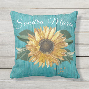 Coussin Tournesol jaune doré rustique Bois Turquoise   nom
