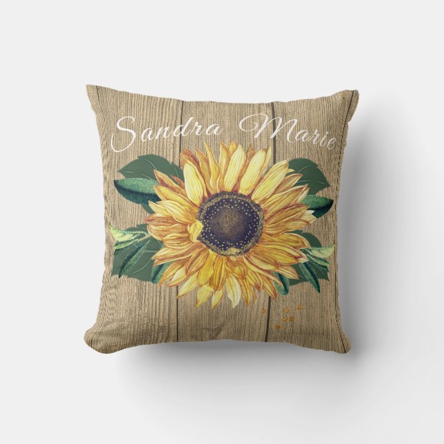 Coussin Tournesol jaune doré rustique Tan Wood | name (Recto)