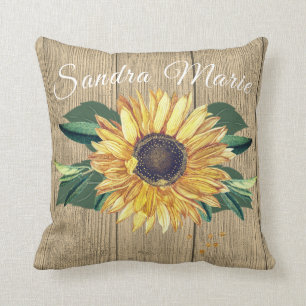 Coussin Tournesol jaune doré rustique Tan Wood name