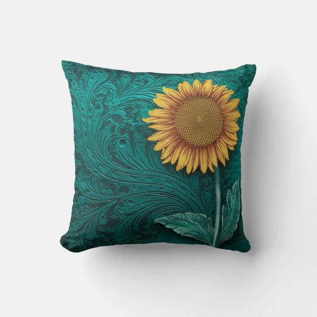 Coussin Tournesol jaune en cuir turquoise (Recto)