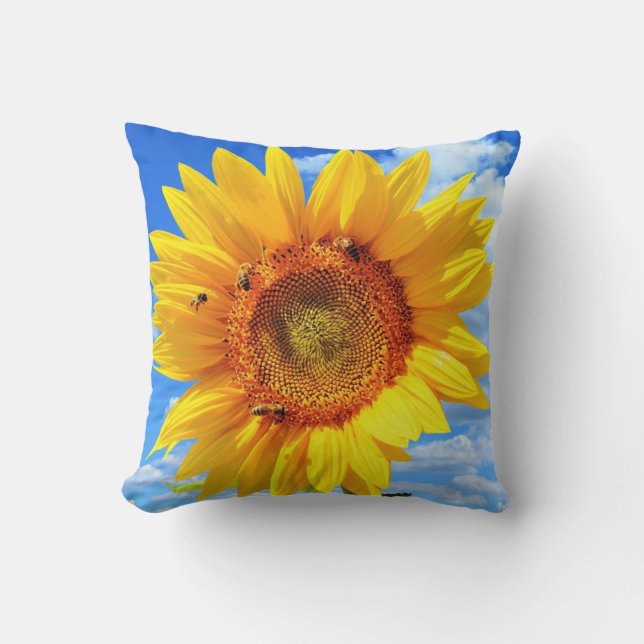 Coussin Tournesol jaune et abeilles sur le ciel bleu - Jou (Recto)