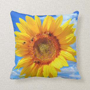 Coussin Tournesol jaune et abeilles sur le ciel bleu - Jou