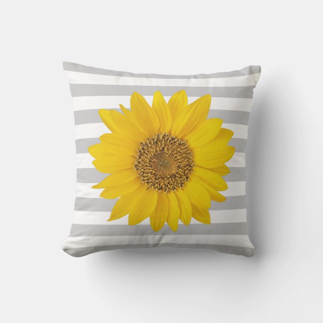 Coussin Tournesol jaune sur bandes blanches et grises (Recto)