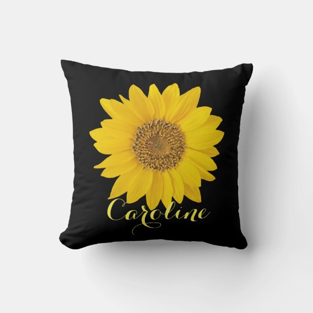 Coussin Tournesol jaune sur noir avec nom personnalisé (Recto)
