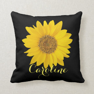 Coussin Tournesol jaune sur noir avec nom personnalisé