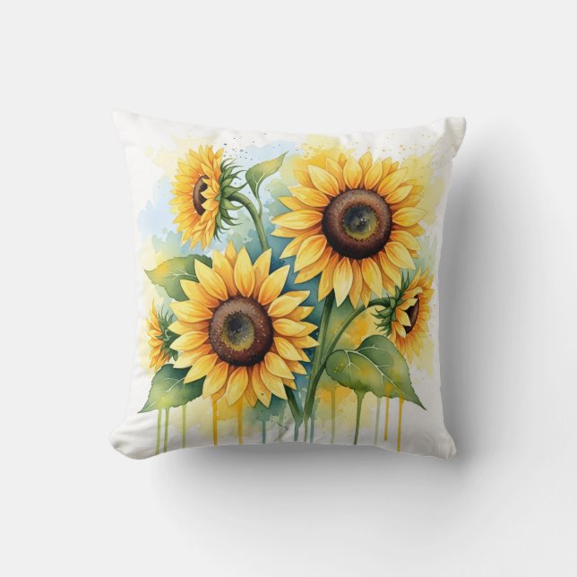 Coussin Tournesol jaune vibrant à l'aquarelle goutte (Recto)