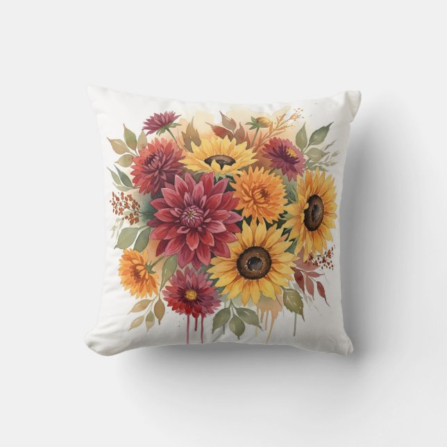 Coussin Tournesol rustique d'automne et Dahlia bordeaux (Recto)