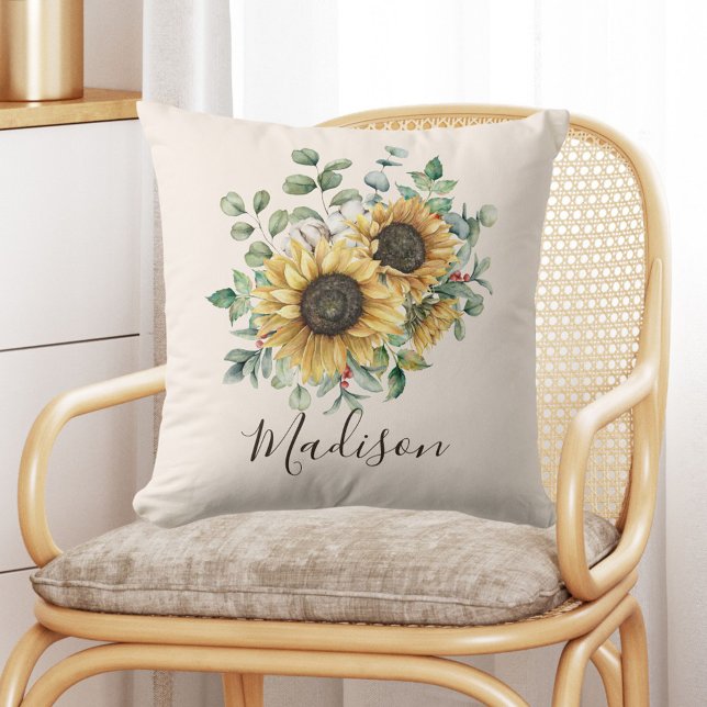 Coussin Tournesol vintage aquarelle monogrammé (In situ on chair)