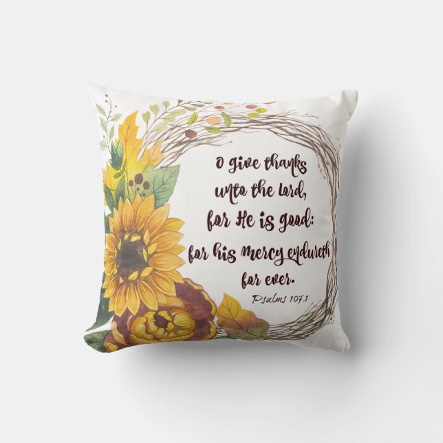 Coussin Tournesol Wreath with Give Thanks Bible Verse (Recto)