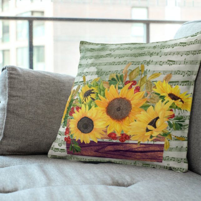 Coussin Tournesols à l'aquarelle & partition musicale (Créateur téléchargé)