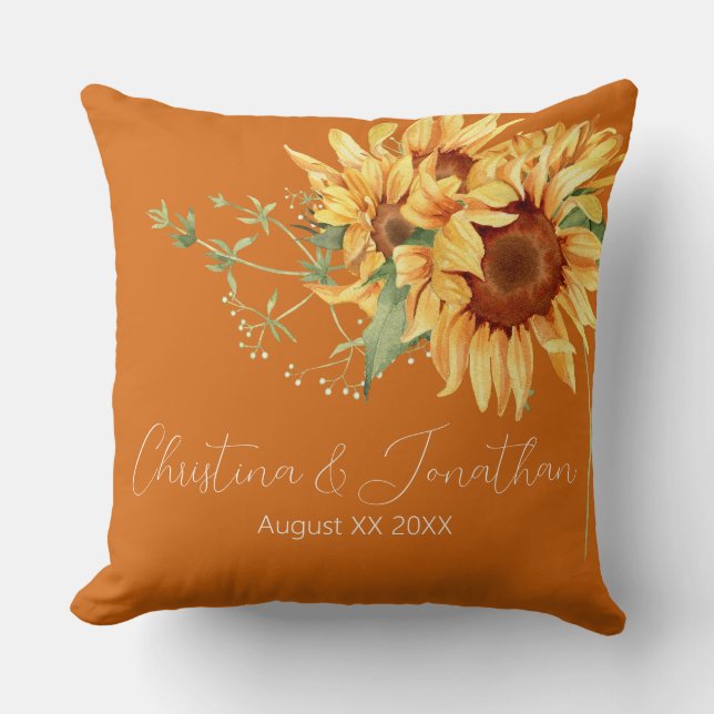 Coussin Tournesols à l'aquarelle sur orange brûlé (Recto)