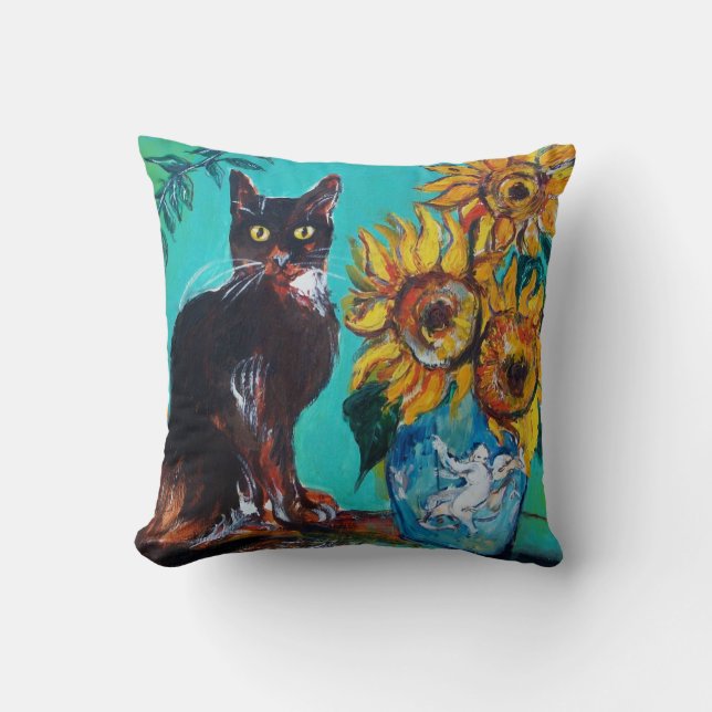 COUSSIN TOURNESOLS AVEC CHAT NOIR EN TURQUOISE BLEU (Recto)