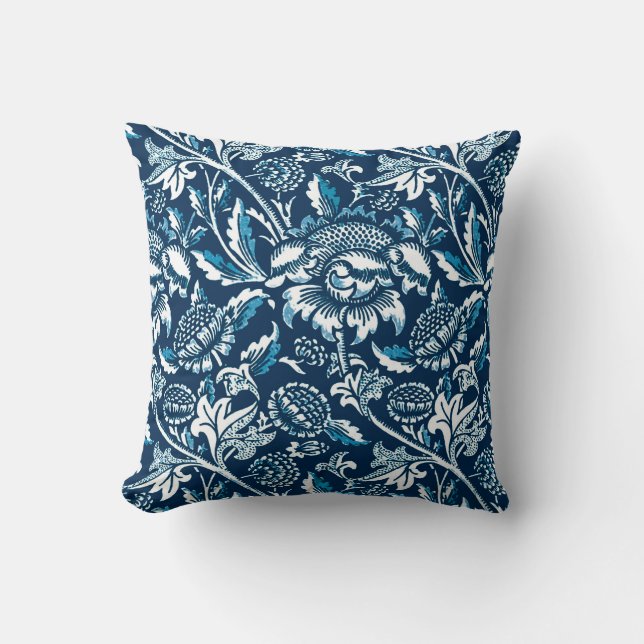 Coussin Tournesols de William Morris, bleu marine et blanc (Recto)
