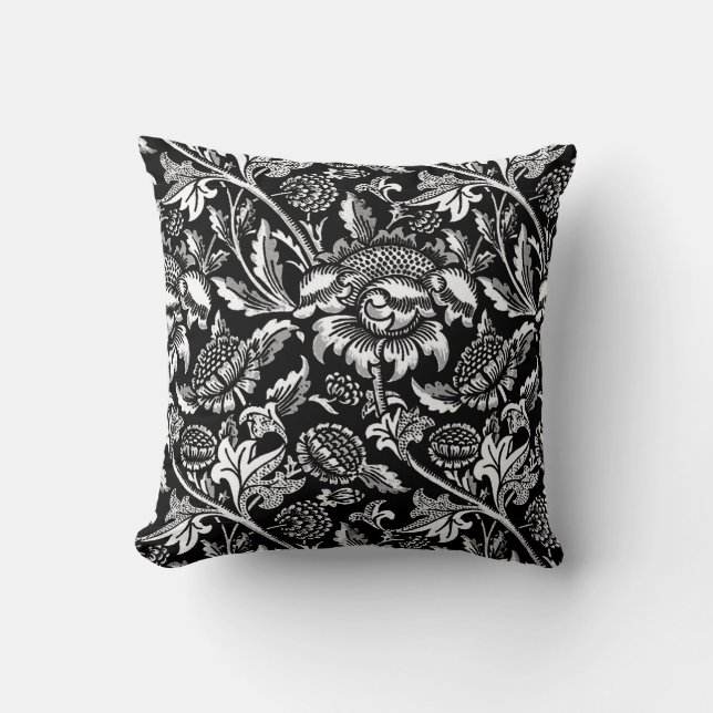 Coussin Tournesols de William Morris, noirs et blancs (Recto)
