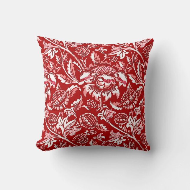 Coussin Tournesols de William Morris, rouge-foncé et blanc (Recto)