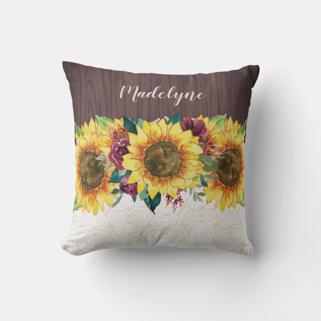 Coussin Tournesols Dentelles Bois Nom rustique Monogramme (Recto)