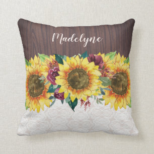 Coussin Tournesols Dentelles Bois Nom rustique Monogramme