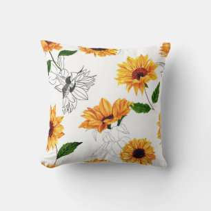 Coussin Tournesols dessinés à la main : motif jaune vif.