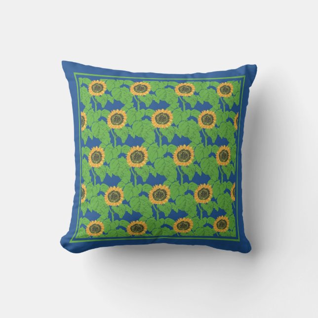 Coussin Tournesols dorés motifs floraux sur bleu clair (Recto)