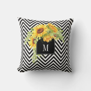 Coussin Tournesols et rayures de Chevron avec votre monogr