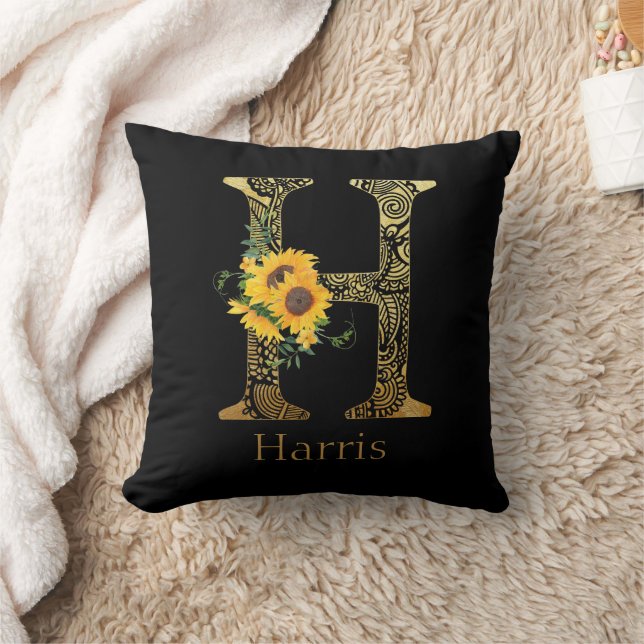 Coussin Tournesols H Lettre Noir et Or  (Couverture)