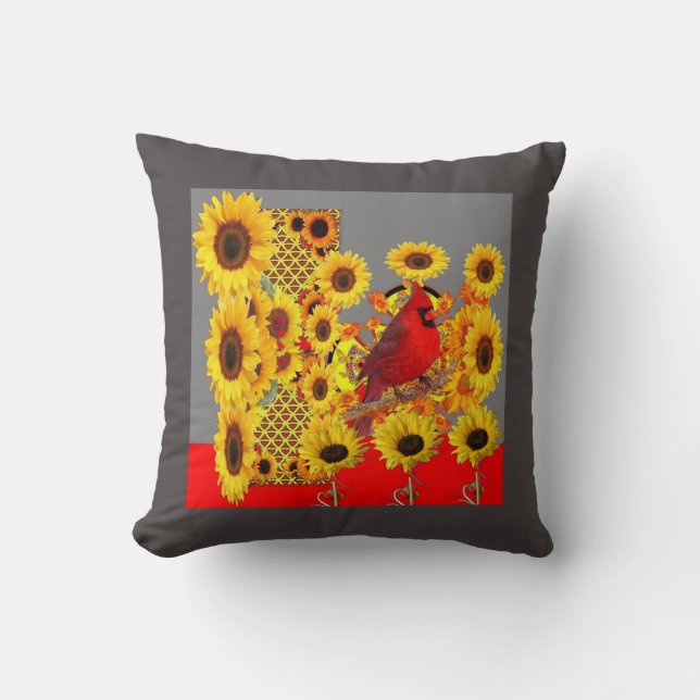 COUSSIN TOURNESOLS JAUNES CARDINAUX ROUGES ABSTRAITS (Recto)