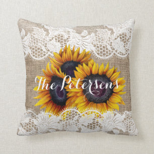 Coussin Tournesols mariage burlap dentelle jeunes mariés