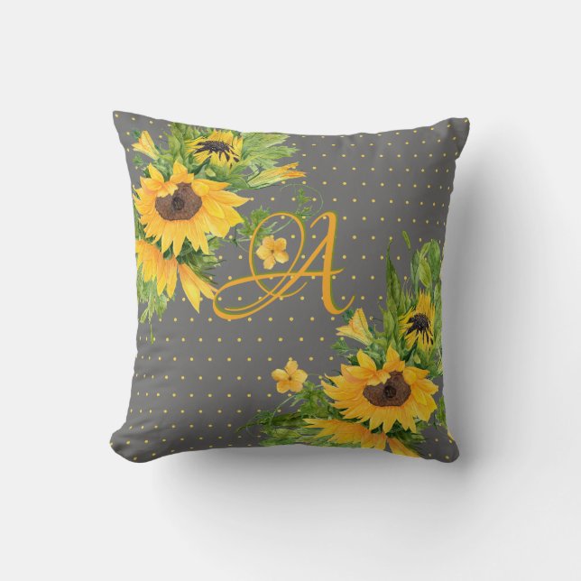 Coussin Tournesols monogrammes Décor gris jaune (Recto)