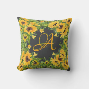 Coussin Tournesols Monogrammes Gris Jaune Décor Rustique
