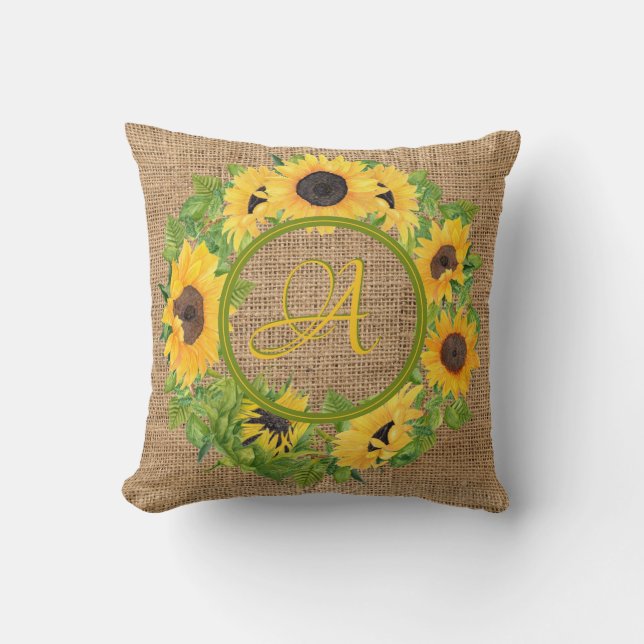 Coussin Tournesols rustiques Monogramme Décor Burlap (Recto)