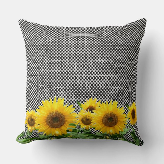 Coussin Tournesols sur damier noir et blanc (Recto)