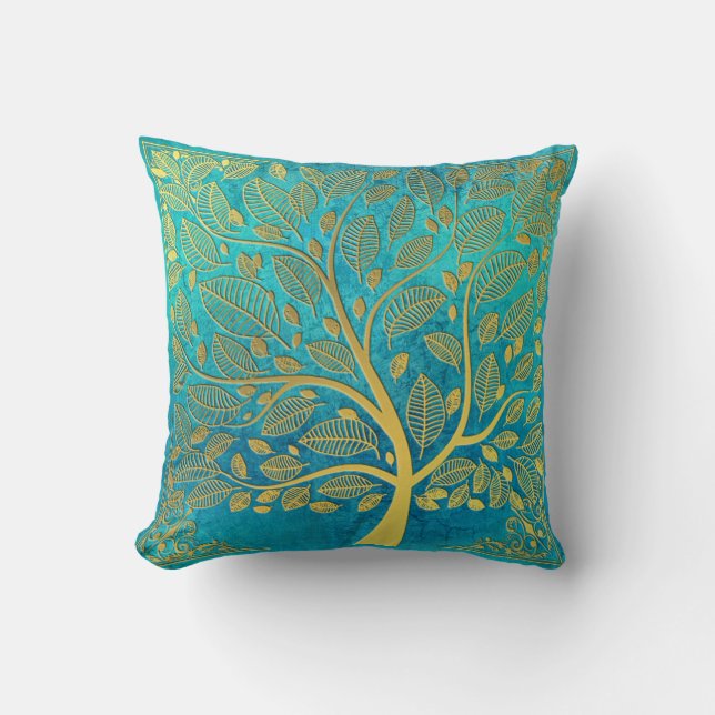 Coussin Tourquoise Blue et Gold Tree of Life (Recto)
