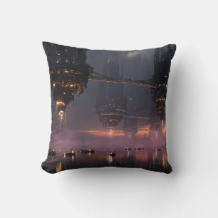 Coussin Tours futuristes flottant au-dessus du port