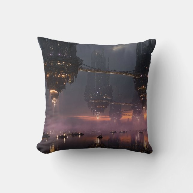 Coussin Tours futuristes flottant au-dessus du port (Recto)