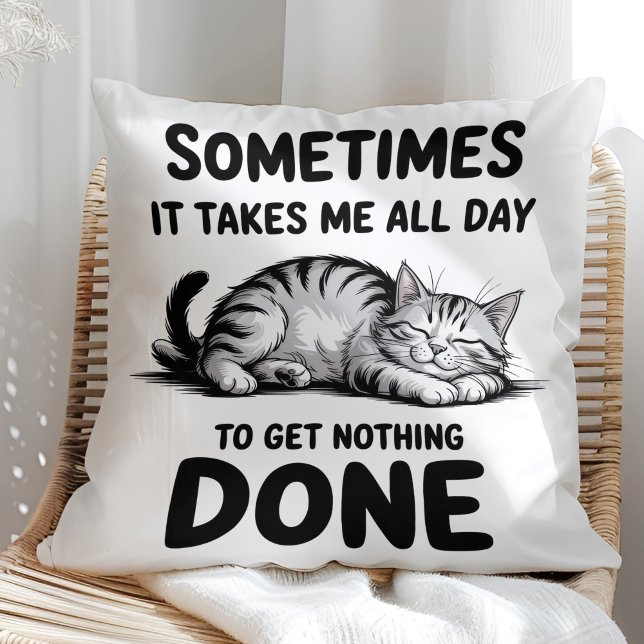 Coussin "Toute la journée à ne rien faire" Drôle de chat p ("All Day Doing Nothing" Funny Lazy Cat Throw Pillow in a sunny boho neutral rattan chair)