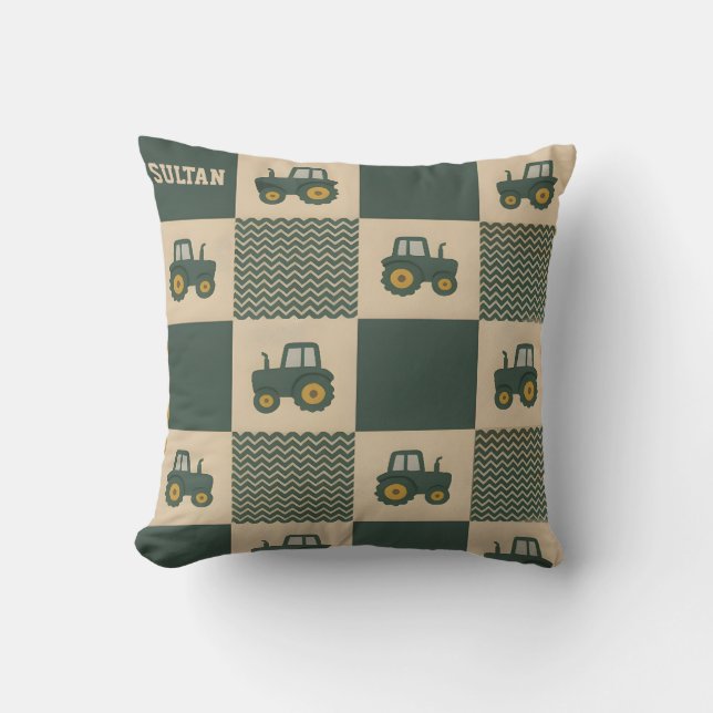Coussin Tracteur vert ferme mignon nom de bébé personnalis (Recto)