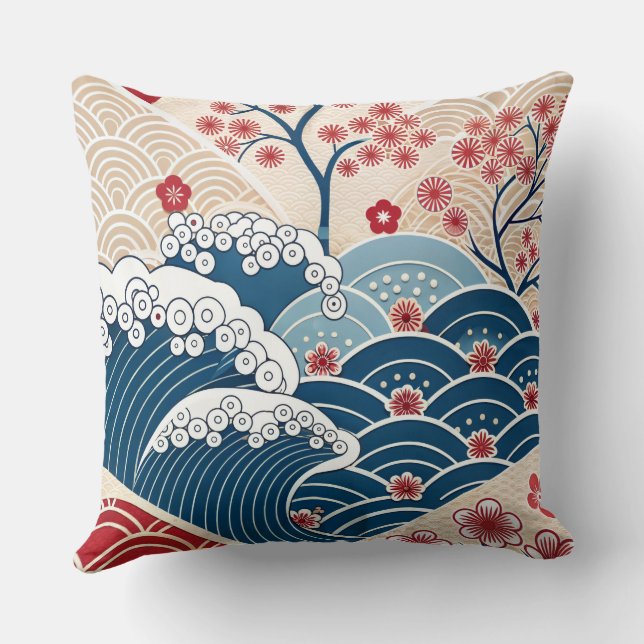 Coussin Traditional Red Blue Japanese Wave Sakura Pattern (Verso)